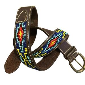 Beaded Leather Belt with Multicolor Design